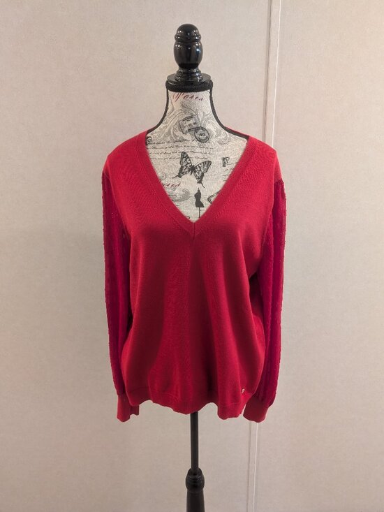 Tommy Hilfiger Other - Tommy Hilfiger Red V Neck Swiss Dot Sheer Sleeve Sweater XL Women's
